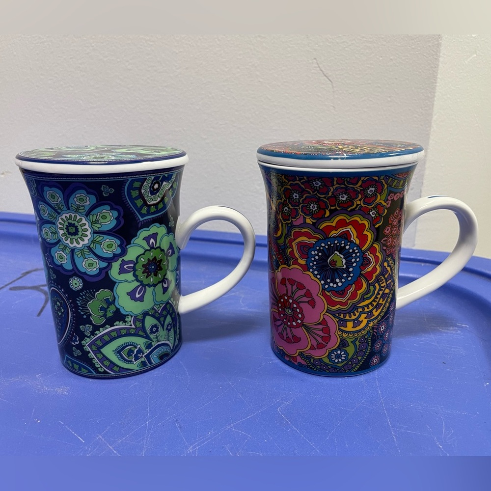 2 Gorgeous Paisley Vera Bradley Symphony in Hue & Blue Rhapsody Coffee Mugs/Lids - Picture 3 of 15
